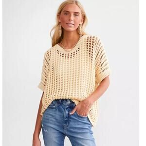 HYFVE Open Stitch Boxy Sweater Beige Crochet Knit Pullover Sweater Top Women's S